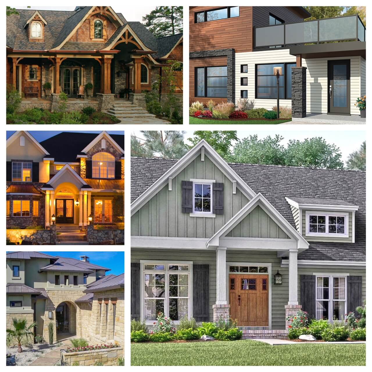 Collage of houses with different architectural styles from Modern to Craftsman to Country and Southwest.